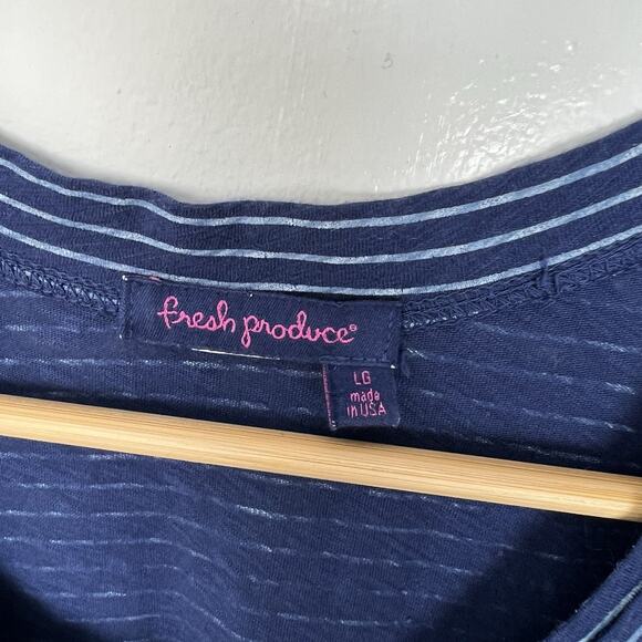 FRESH PRODUCE Women’s L Pinstripe Janey Slub T cotton short sleeve Lagoon Blue - Picture 2 of 9